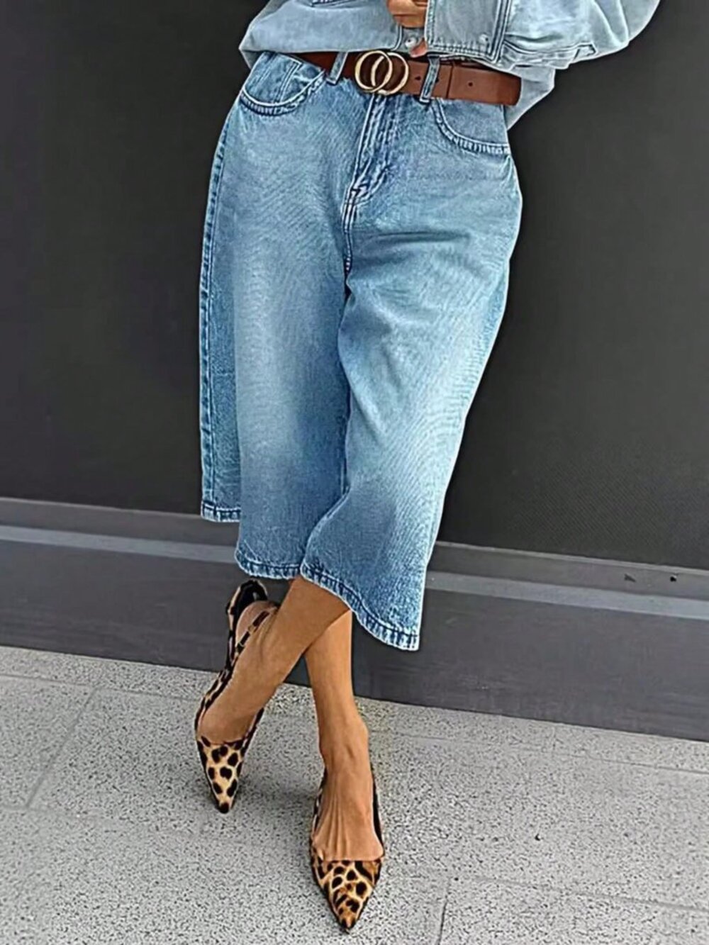 Medium Blue Bohemian Women's Denim Bermuda Shorts with Button Zipper Detail - Picture 2 of 6